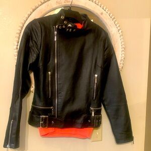 Leather motorcycle jacket classic black zipper cuff high collar belted